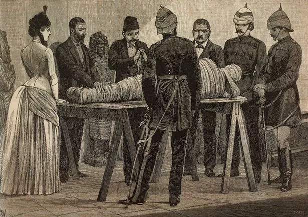 Street vendor selling mummies in Egypt, 1865 .During the Victorian era of the 1800s