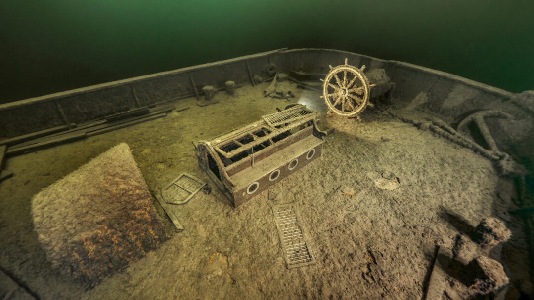 A cabin on board the Aachen, a 19th-century steamship hit by a torpedo in July 1915. Now located at the bottom of the Baltic Sea.