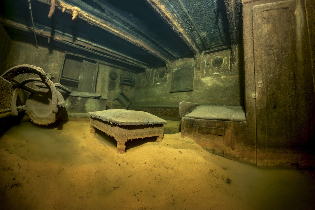 A cabin on board the Aachen, a 19th-century steamship hit by a torpedo in July 1915. Now located at the bottom of the Baltic Sea.