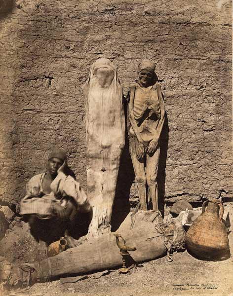 Street vendor selling mummies in Egypt, 1865 .During the Victorian era of the 1800s